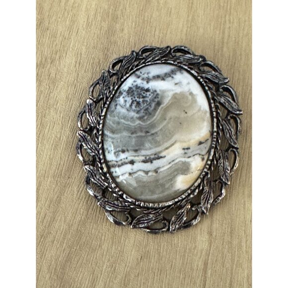 Dendritic Jasper Vintage Brooch Pin Gray & White Stone Metal Frame 2" x 2.5" - Picture 4 of 7
